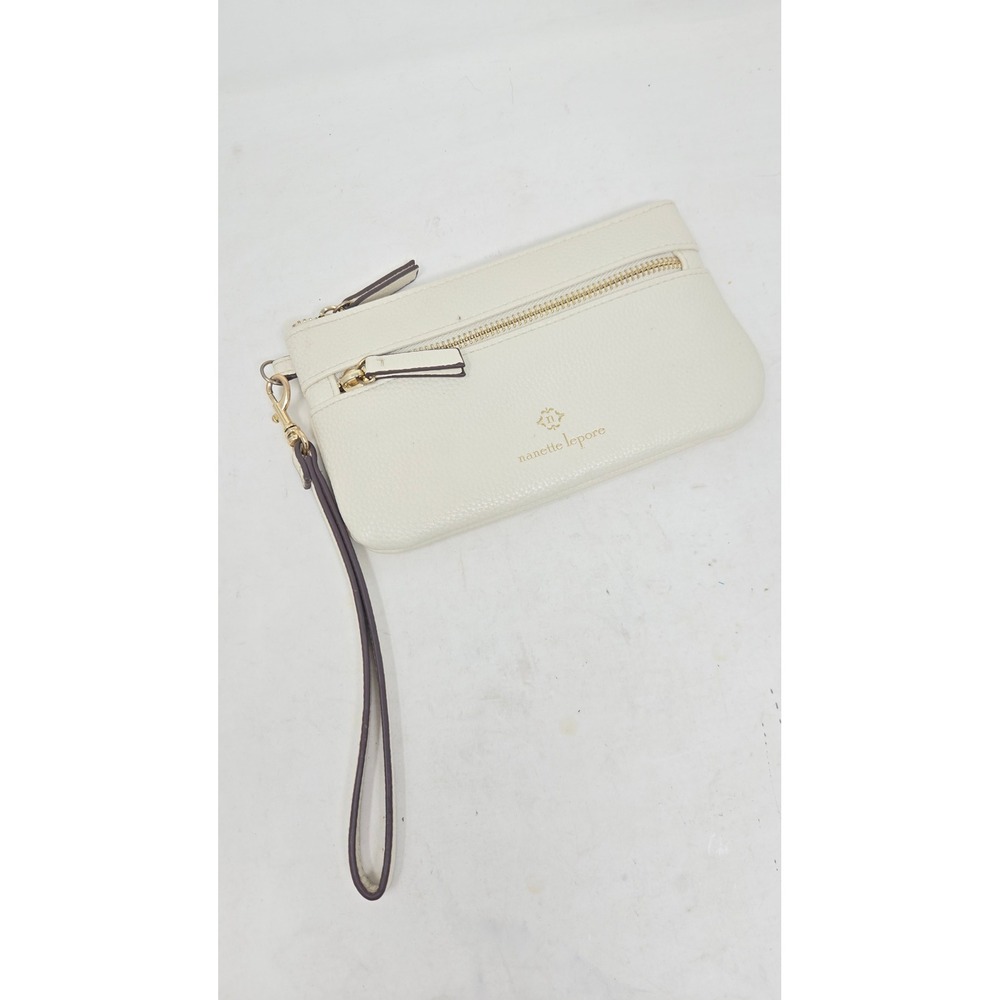 Nanette Lepore Off White Pebbled Leather Wristlet Clutch Wallet Gold Hardware